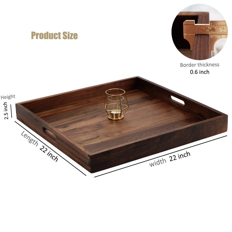 MAGIGO 22 x 22 Inches Large Square Black Walnut Wood Ottoman Tray with Handles, Serve Tea, Coffee or Breakfast in Bed, Classic Wooden Decorative Serving Tray - Image 2